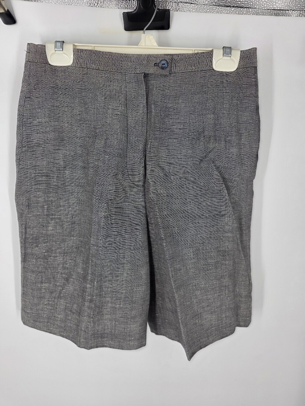Patchington Petite 100% Linen Bermuda Shorts 10P Gray Elastic Waist Vintage